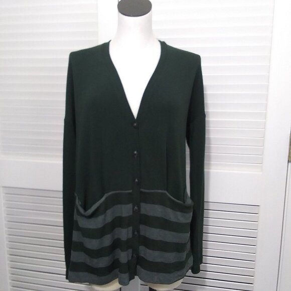 Three Dots Button Front Cardigan Green Stripe Size Medium - Picture 2 of 10